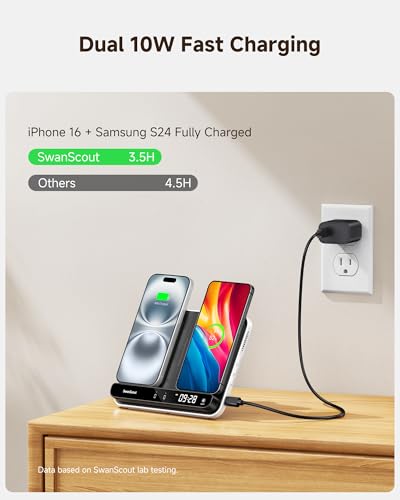 Dual Phone Foldable Wireless Charging Station for iPhone, Galaxy, Pixel | Dual phone charging, Foldable portable stand, Dimmable clock, Case friendly, Raised charging area, flat mode for earbuds, 504 - color: Black