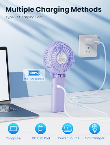 HandFan 5200mAh Handheld Fan Rechargeable, 20H Runtime Hand Fan, 3 Speeds Strong Airflow, Personal 180° Foldable Portable Fans for Travel/Summer/Concerts/Lash/Commute, Gifts for Women (Purple) - color: Clear‑Blade Purple