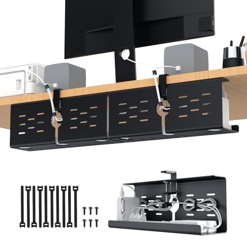 KEEGH 16 in Under Desk Cable Management Tray, Metal Cord Organizer, 2 Pack | No Drill Clamp Mount, Upgrade Capacity, Cord Management Tray for Home Office, Gaming Desk, Standing Desk, Black - color: Black, size: 2 Pack