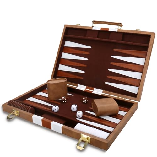 Backgammon Set - Classic Board Game with Premium Leather Case - Portable Travel Strategy Backgammon Game Set for Adults, Kids (15inch, Khaki) - color: Khaki, style: 15inch