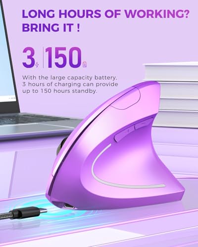 Lekvey Ergonomic Mouse, Wireless Vertical Mouse Rechargeable 2.4 GHz Optical Carpal Tunnel Mice : 800/1200 / 1600 DPI, 6 Buttons, for Laptop, PC, Mac, Computer, Desktop, Notebook etc, Purple - color: Purple