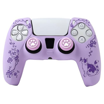 Cat Among Blossoming Branches Controller Skin Cover Compatible with PS5/Playstation 5 Controller, RALAN Protector Case Customised Thumb Grip - color: Cat Purple