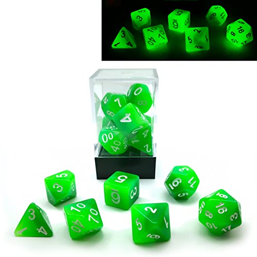 Bescon Gradient Glowing Polyhedral Dice 7pcs Set Forest Light, Gradual Luminous RPG Dice Set Glow in Dark, Novelty DND Game Dice d4 d6 d8 d10 d12 d20 d% in Brick Box - color: Forest Light