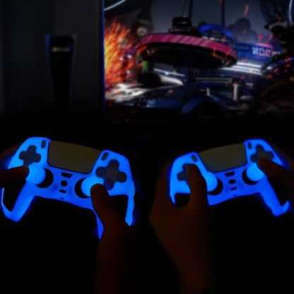 Blue Glow in the Dark Silicone Protective Case for PS5 Controller, Anti-Slip Thick Soft Cover, Includes 8-in-1 Thumb Grip Caps + 2 Cat Paw Caps – Ergonomic Shockproof - color: Glow Blue Black