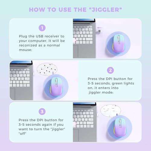PEIOUS Wireless Mouse Jiggler - Keep Computers Awake, Purple to Green | Rechargeable LED Mouse, Silent Clicks, Adjustable DPI and Random Movement Keep Computers Awake for Laptop/PC/Mac - color: Purple to Green
