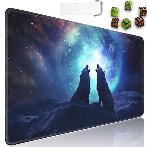 for MTG Playmat + Drawstring Travel Pouch + 6 Dice Counter, for Tabletop Trading Card Game Playmats or Large Mouse Pad, Anti-Slip Rubber 24 x 14 in, Wolf Dragon Aurora Night for TCG Playmat - color: JV-Playmat-1-F-158
