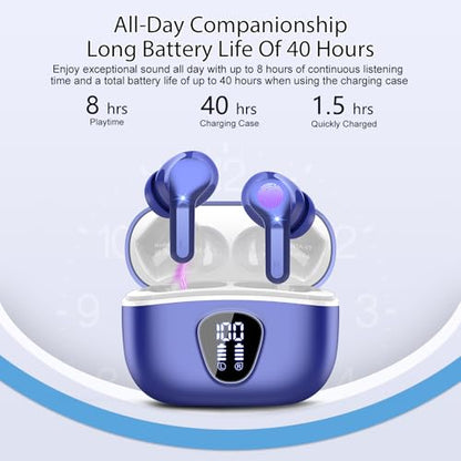 Wireless Earbuds, Bluetooth 5.4 Headphones HiFi Stereo, Bluetooth Earbuds with ENC Noise Cancelling Mic, IP7 Waterproof in Ear Earphones, 48H, LED Display Ear buds for Pad Workout Sports, Blue - color: Blue