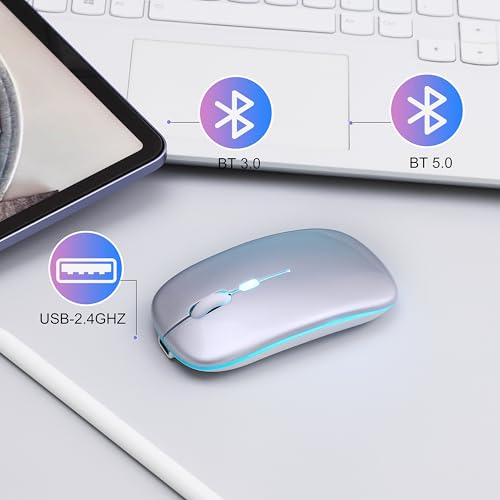Wireless Bluetooth Mouse, Rechargeable Computer Mouse, Silver | Dual Mode - BT5.2 & 2.4G,Long Lasting,Silent RGB LED Mice,Slim Portable Mouse for Laptop,PC,Tablet,MacBook,iPad,Apple Devices - color: Silver