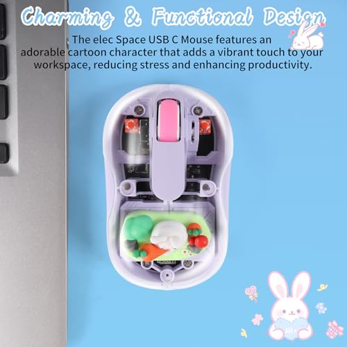 elec Space Cute Wireless USB C Mouse - Bluetooth Triple Mode Rechargeable Cartoon Mouse for Laptops, iPads & MacBook Air/Pro - Silent Operation, Portable Design, Unique Magnetic Character (Purple) - color: Purple