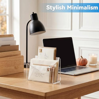 Maitys 3 Pcs Acrylic Mail Letter Organizer Countertop 6 x 2.5 x 4 Inches Clear Mail Postcard Holder Stand Greeting Card Display Rack Document Envelope Home Office School
