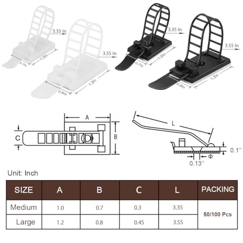 50Pcs Adhesive Cable Management Clips with 50Pcs Zip Ties, Adjustable Nylon Cable Strap Ties Wire Clips Clamps Organizer with Strong Adhesive Tape, Extra Screw & Hole - 3.35 Inch Black - color: Black, size: M-50pcs