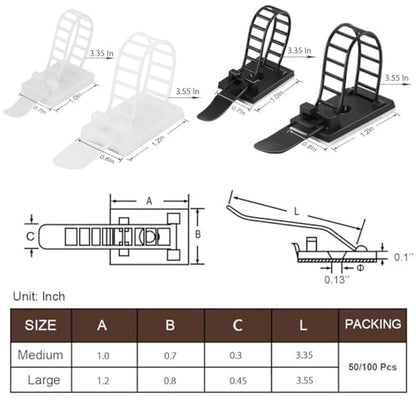 50Pcs Adhesive Cable Management Clips with 50Pcs Zip Ties, Adjustable Nylon Cable Strap Ties Wire Clips Clamps Organizer with Strong Adhesive Tape, Extra Screw & Hole - 3.35 Inch Black - color: Black, size: M-50pcs