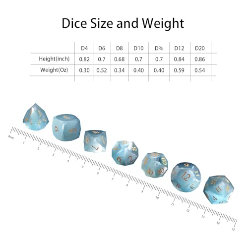 Natural Aquamarine Gemstone Dice Set, 7-Piece Handcrafted Polyhedral Dice with Gold Engraving, Ideal for D&D, RPG, MTG & Tabletop Games, Gift Box Included (Cat's Eye - Blue) - color: Cat's Eye - Blue