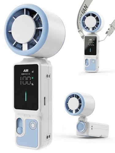 Portable Handheld Fan, 100-Speed Turbo Rechargeable Mini Fan | 3-in-1 Wearable Foldable Fan with Ice Compress Cooling. Ideal for Travel, Outdoor, Office. Compact & Long Battery Life. - color: White&Blue
