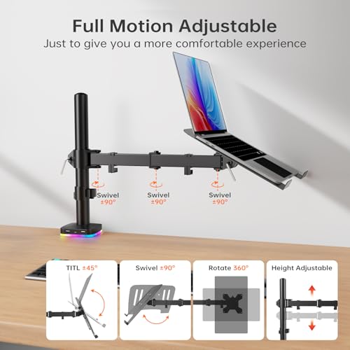 Afaloona RGB Convertible Laptop and Monitor Mount with USB Hub, Adjustable | RGB USB hub with 1 USB-C & 2 USB-A ports for charging and data transfer, fits 13-32" monitors or 11-17" laptops, up to 18 lb - size: RGB Laptop Stand