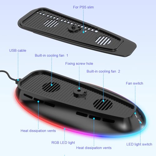 Cooling Fan Base Stand for PS5/PS5 Slim/PS5 Pro 2 Speed Fans Cooling Station with Control＆RGB Light DIY Decoration Game Console Cool Fan Accessories (Black)