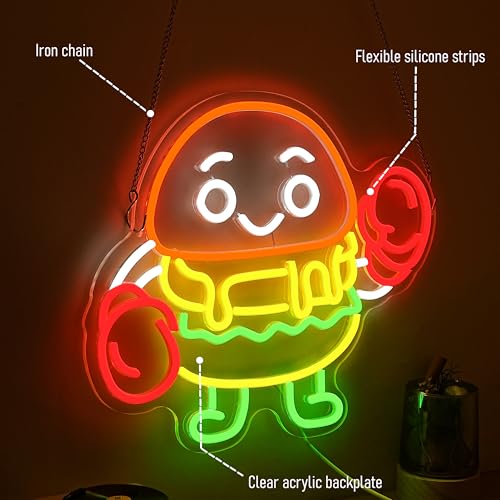 Boxing Hamburger Neon Sign Dimmable Food Burger Neon Light Hamburg Boxing Led Light Sign for Wall Decor Business Restaurant Bar Party Snack(12.6 * 14.96In) - style: Boxing Hamburger