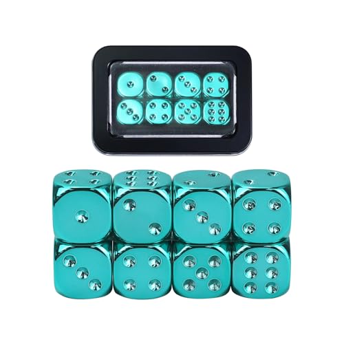 SIXPOINTS 8 Pieces 16mm 6 Sided Dice Set,Green Metal Game Dice Set, Standard D6 Dices for Yahtzee, Bunco or Teaching Math,with Portable Plastic Box - color: Green