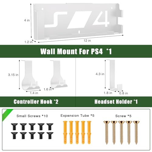 Wall Mount Kit with Detachable 2 Controller Holder & Headphone Hanger, Mount On The Wall Or On The Back Of The TV, Wall Mount Compatible with PS4, White - color: White