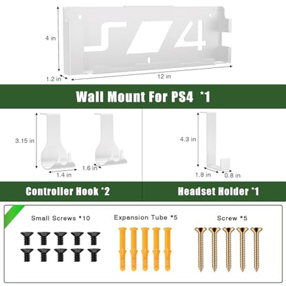 Wall Mount Kit with Detachable 2 Controller Holder & Headphone Hanger, Mount On The Wall Or On The Back Of The TV, Wall Mount Compatible with PS4, White - color: White