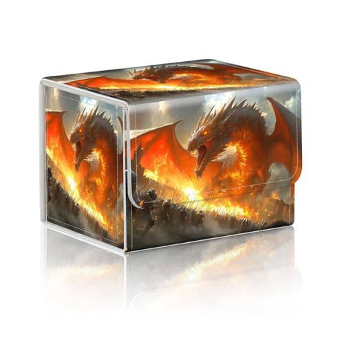 Trading Card Storage Box, Holds 100+ for MTG Cards, PU Leather with Magnetic Closure, Fire Dragon Attacking Castle Army Durable Deck Box for Magic the Gathering, Trading Card Games - color: Fire Dragon Attacking Castle Army