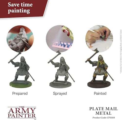 The Army Painter, Colour Primer Plate Mail Metal, 400 ml spray acrilico | Primer grigio metallico per dipingere miniature Warhammer e Dungeons and Dragons - color: Plate Mail