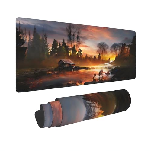 XXL Gaming Mouse Pad 35.4x15.7 inch, Autumn Forest Stream Landscape Theme Desk Mat,Large Waterwheel Deer Rainbow Scene Mousepad (Autumn Wooden House Deer) - color: autumn wooden house deer