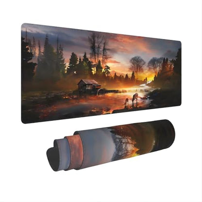 XXL Gaming Mouse Pad 35.4x15.7 inch, Autumn Forest Stream Landscape Theme Desk Mat,Large Waterwheel Deer Rainbow Scene Mousepad (Autumn Wooden House Deer) - color: autumn wooden house deer