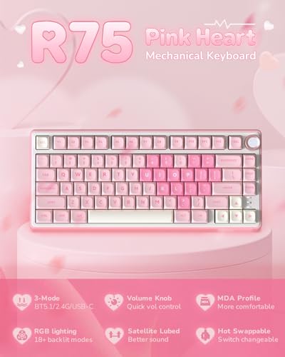 RK ROYAL KLUDGE R75 Wireless Mechanical Keyboard, 75% Percent Custom Gaming Keyboard Gasket Mount RGB Backlit with Knob & PBT Keycaps, BT5.1/2.4GHz/USB-C, Hot Swappable Cream Switch - color: pink