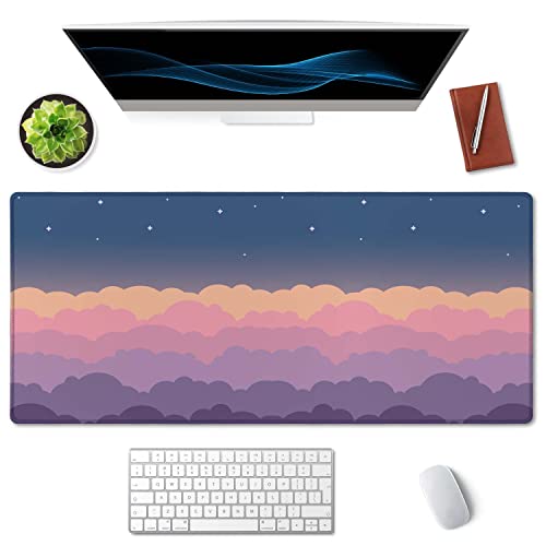 SSOIU Cute Clouds Purple Desk Mat, Extra Large XXL Gaming Mouse Pad 35.5" X 15.7", Waterproof with Stitched Edges - color: Cute Clouds Purple