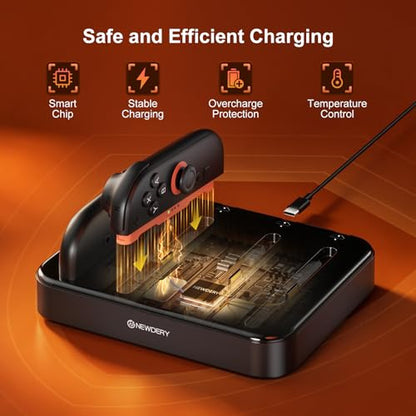 NEWDERY Controller Charger for Nintendo Switch 1/2 Joy Con, Charging Dock | 8 in 1 Fast Charging Station | Magnetic Snap | USB C Cable | LED Indicators | Organizer Stand Accessories | for Joy Con 2/1