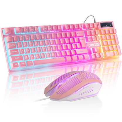 Wired Pink Gaming Keyboard and Mouse Combo with LED Backlit for PC Laptop | Multimedia Function Keys, 19 Key Anti-ghosting, Number Pad, 104 Keys Light Up Keyboard & RGB Mouse Set for Computer PS5 Xbox