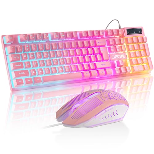 Wired Pink Gaming Keyboard and Mouse Combo with LED Backlit for PC Laptop | Multimedia Function Keys, 19 Key Anti-ghosting, Number Pad, 104 Keys Light Up Keyboard & RGB Mouse Set for Computer PS5 Xbox