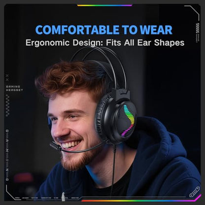 J11 Gaming Headset with Microphone, Noise Cancelling Gaming Headphones Compatible with PS4 PS5 Xbox One PC Laptop, Over-Ear Headset with LED RGB Light, 7.1 Stereo Surround Sound (Black) - color: Black