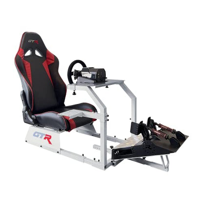GTR Simulator GTA Model Silver Frame with Adjustable Leatherette Racing Seat Gaming Simulator Cockpit Chair | RS30 Wheel | V3 Pedal Setup (GTA with RS30 Wheel & V3 2-Pedal Setup) - size: GTA with RS30 Wheel & V3 2-Pedal Setup