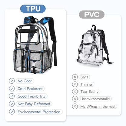 Large Clear Backpack Heavy Duty For Stadiums Events,16in TPU Blue BookBag | Large capacity See Through strong Plastic backpack Stitch Durable Design 6-Pocket For School carry Airport Quick Security - color: Blue