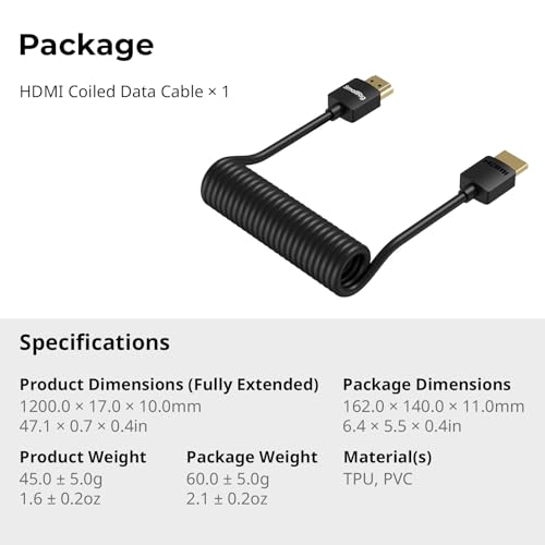 SMALLRIG Coiled HDMI Cable 2.0 (A to A), 4K@60Hz 18Gbps, High Speed Supports 3D, Flexible Durable TPU Camera Cable for BMPCC 4K/6K, for Panasonic S1H/GH5, etc., for Monitor, Gimbal - 4963 - size: Coiled(A to A)