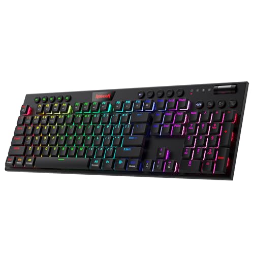 Redragon K618 PRO Wireless Ultra-Thin Gaming Keyboard, Macro & Media Scroll | 0-Delay Tri-Mode, 5 On-Board Keybinding G Buttons for MMO MOBA Games, Dedicated Media Control, Easy-Switch Win/Mac Compatible - color: Red Switch, size: K618 Wireless