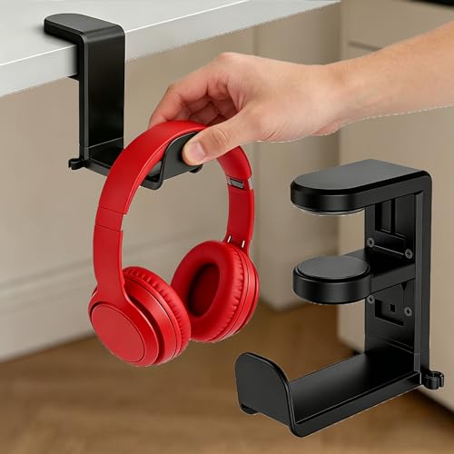 Under Desk Headphone Hanger & Cable Clip, Adjustable Clamp On Headset Stand Holder 360 Swivel, Gaming Setup Accessories for PC Gamers, Multi-Purpose Hook for Bags & Office Organization