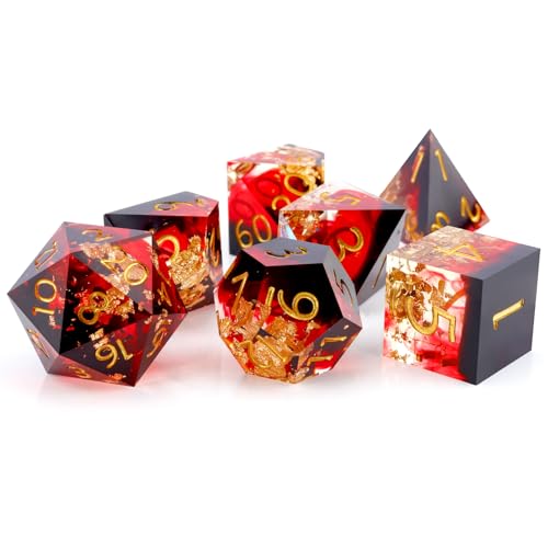 Haxtec Volcano Landscape DND Dice Set Sharp Edge Resin Polyhedral Dice, Lava &D Dice with Metal Case, Handmade Gold Flake Inside Dice Set for Dungeons and Dragons TTRPG, Red Black Gold DND Gift - color: Black Red
