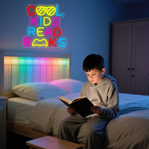 Cool Kids Read Books Neon Sign,Classroom Neon Sign Gift for Kids Teens,Reading LED Light Wall Decor for Library Reading Corner Bedroom Book Themed Party Decorations Study Room USB Powered（12.2"*12.1"） - style: Book