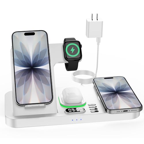 Dual Phone Wireless Charging Station for Apple Devices, Magnetic Charging Station for iPhone with Auto Switch 7-Color Light&Clock, Family Watch Charger for iPhone17 for iWatch11 for AirPods Pro3(White - color: White