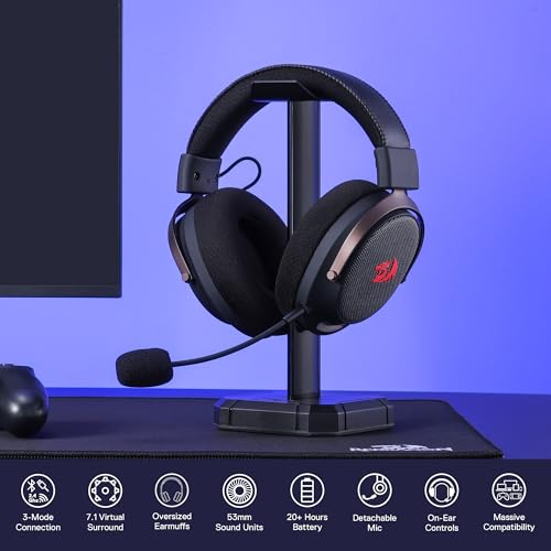 Redragon H858 3-Mode Wireless Gaming Headset, 7.1 Surround Sound, 53 mm Drivers, Memory Foam Ear Pads, Detachable Noise-canceling Microphone, Over-Ear Headphones Works for Phone, PC/PS5/NS, Black - color: Black
