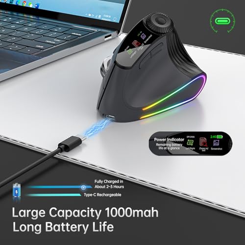 Ergonomic Vertical Mouse Wireless, Rechargeable Bluetooth Ultra-Fast Scrolling 4800 DPI Ergo Mouse, 2.4G Quiet Clicks 6 Buttons RGB Optical Mice, 3 Multi-Device Connectivity for Mac, Laptop - color: Black