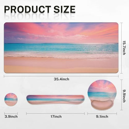 Arttown Pink Blue Sky Desk Mat Turquoise Ocean Mouse Pad Set 4 in 1 Dusk Beach Ergonomic Design Large Desk Pad + Keyboard Wrist Rest + Mouse Wrist Rest + Coaster Suitable for Home Office Study Game - color: Pink Blue Sky
