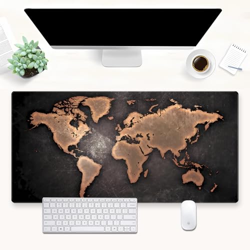 Vintage World Map Desk Mat, Industrial Large Gaming Mouse Pad 31.5x15.7 | Aesthetic distressed world map desk pad with 3mm dense cushion, smooth cloth top, and non-slip rubber base. - color: Retro Maps