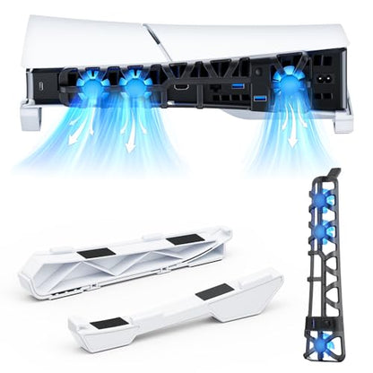 NexiGo PS5 Slim Horizontal Stand with Silent Enhanced Cooling Fan, Adjustable Speed, [Low Noise], [Auto Power On/Off], USB 3.0 Port, Built-in LED Light, for Both Disc and Digital Editions - color: White, style: Stand with Cooling Fans