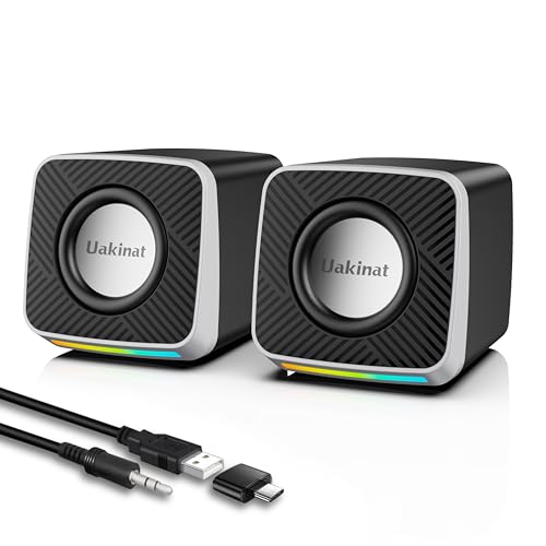 Uakinat PC Speakers 2"–6W Carbon Fiber Computer Speaker for Desktop or Laptop PC,USB C/USB-Powered,Crystal Clear Sound,Rich Bass,Loud Volume,Direct Control,Plug-N-Play,Black-Silver