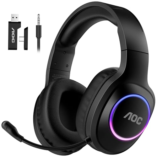 AOC Wireless Gaming Headset Compatible with PS5/4, Nintendo Switch, PC, Bluetooth 5.4 & 2.4GHz Gaming Headphones with Noise Canceling Mic, RGB, Type-C, 20ms Latency, 45H, 7.1 Virtual Surround- Black - color: Black