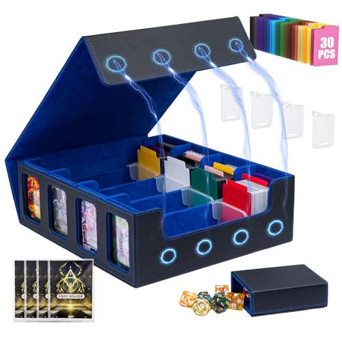 3200+ MTG Commander Deck Box with Window Dice Tray, Organizer with 4 Card Sleeves & 30 Dividers, Black Blue - color: Black-Blue